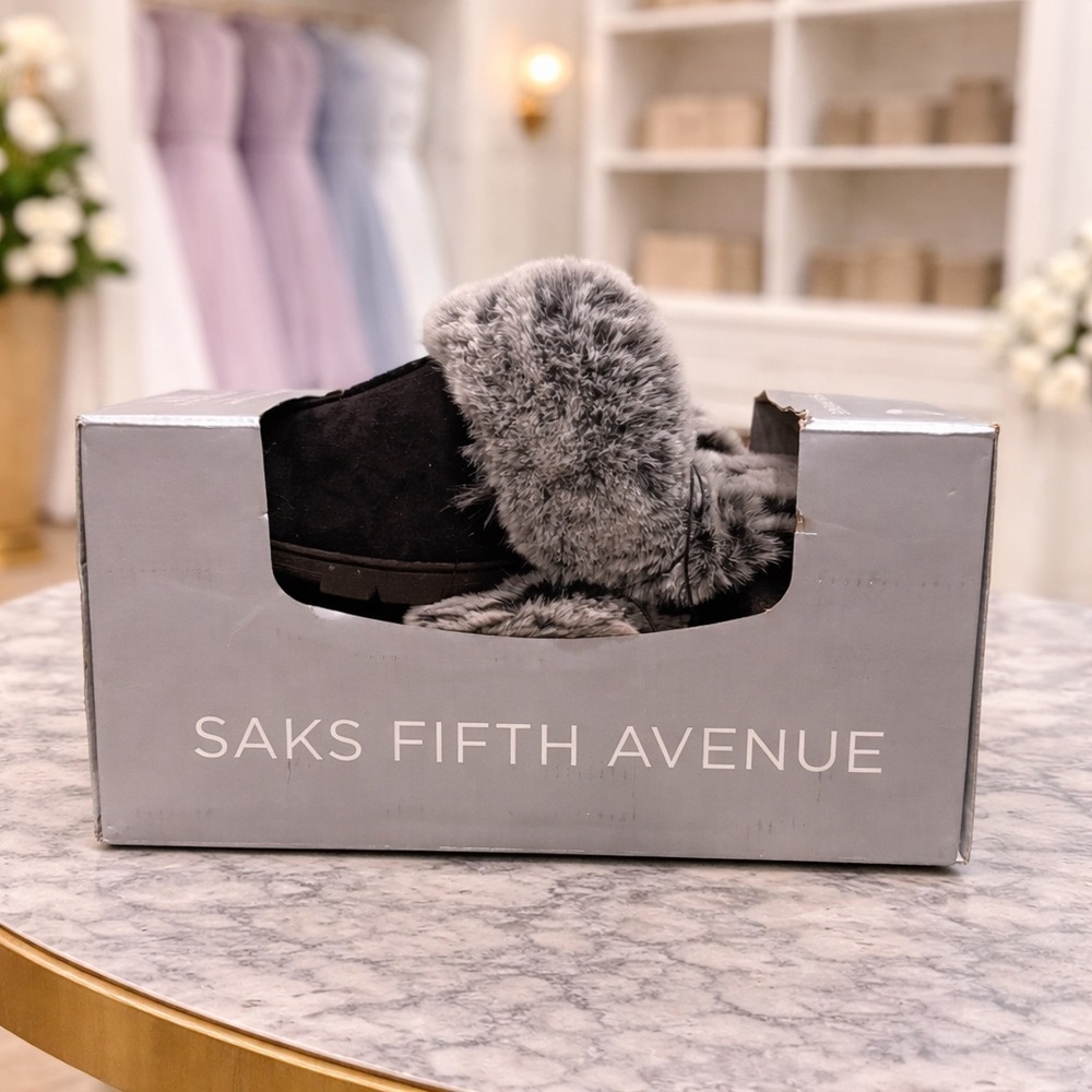 Saks Fifth Avenue Nina Faux Fur Slippers Black Gray Plush Slides M 9-10 NIB
